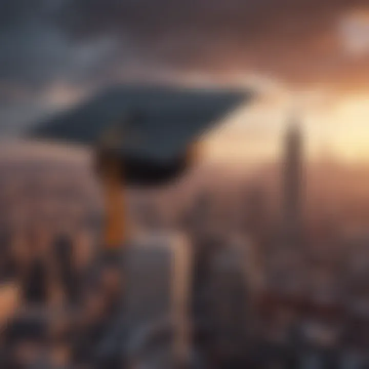 A graduation cap soaring above a city skyline.