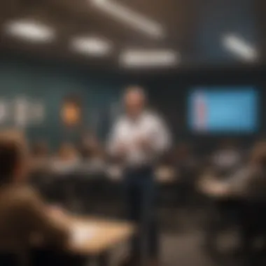 Faculty member delivering a lecture in a business classroom