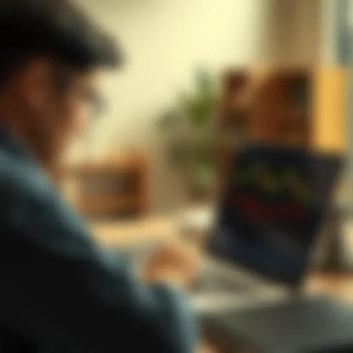 A person reading a trading ebook on a laptop