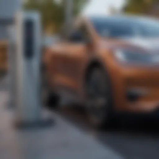 A sleek electric vehicle charging at a station, symbolizing the shift towards sustainable transportation.