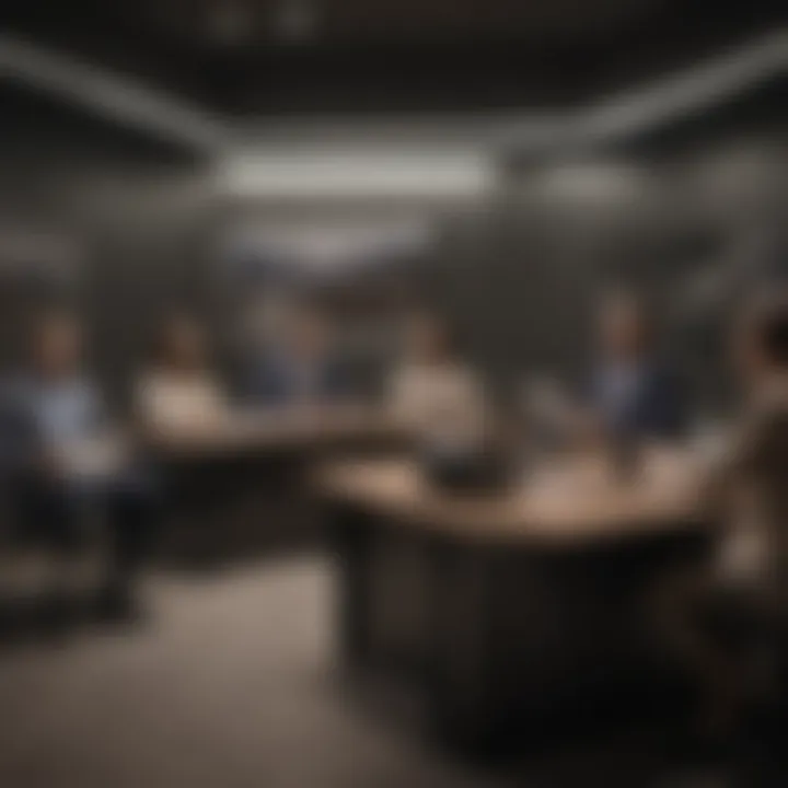 ESG Strategies Discussion A diverse group of professionals discussing ESG strategies in a modern office.