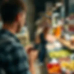 A traveler using a Visa card at a foreign market.