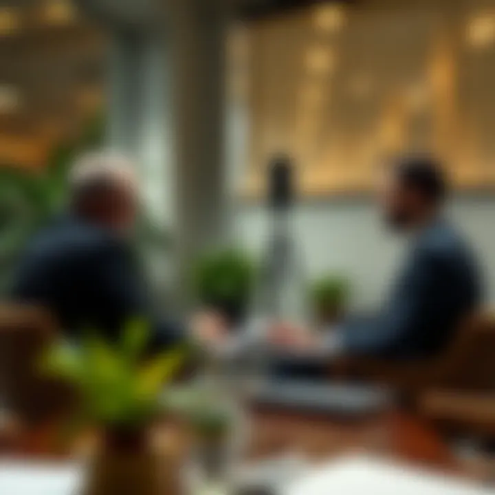 An office setting with professionals discussing business strategy