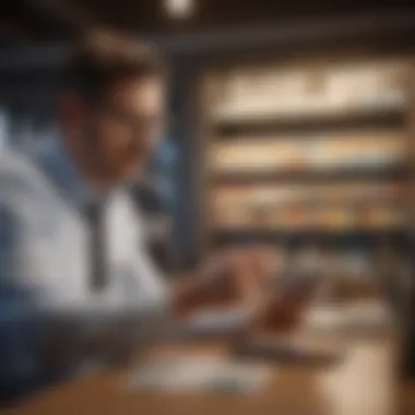 A confident business owner reviewing financial strategies and credit card options on a digital device.