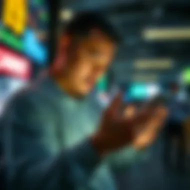 Person engaging in online market activities via smartphone