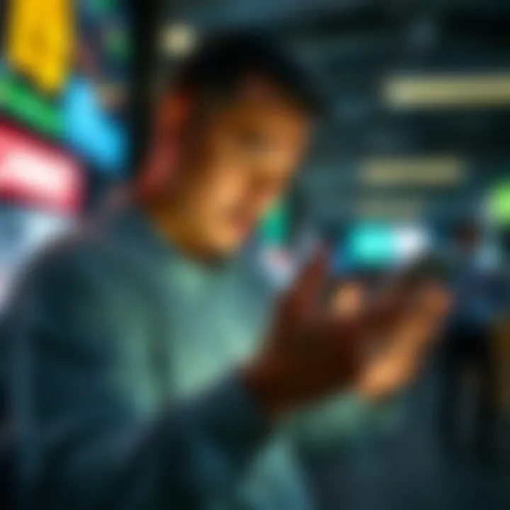 Person engaging in online market activities via smartphone