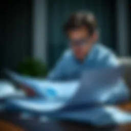 A thoughtful individual analyzing their credit report with documents spread out.