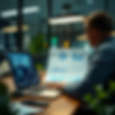 A modern office workspace with a laptop and charts