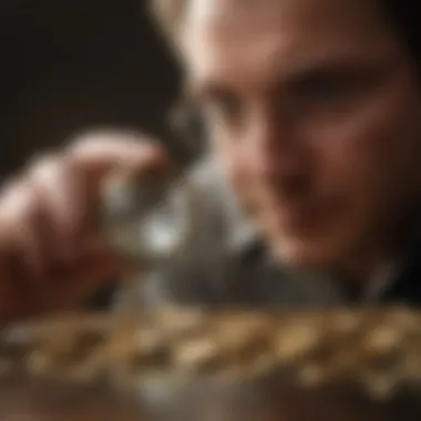 Investor evaluating gold coins with a magnifying glass